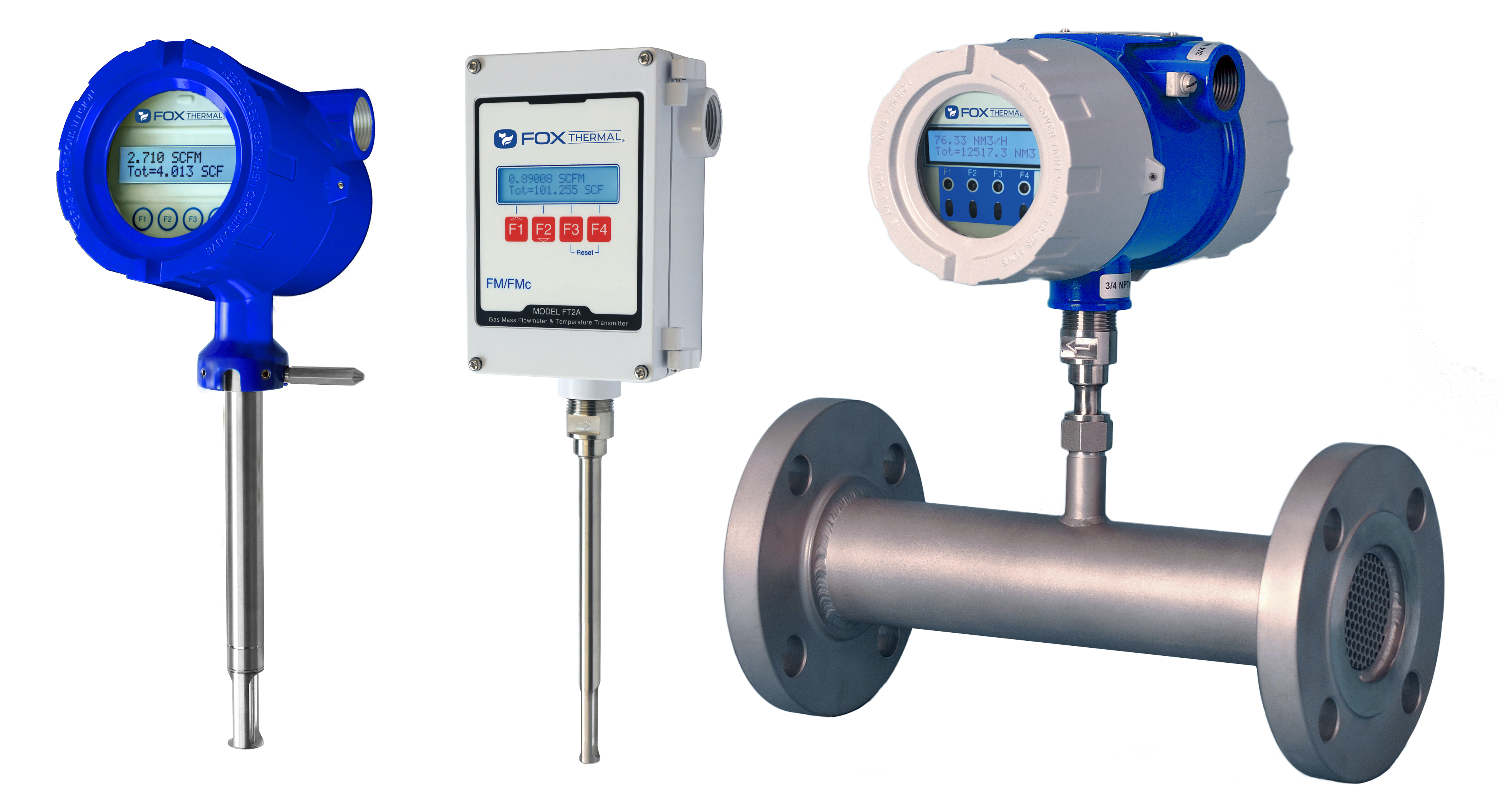 Overzicht van diverse thermische flowmeters van Fox Thermal.