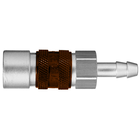 45555720 Coupling - Single Shut-off - Hose Barb Quick coupling single shut-off coded system - Rectukey.  The mechanical coding of the coupling and plug offers a  guarantee for avoiding mix-ups between media when coupling, which is complemented by the color coding of the anodised sleeves. Double shut-off version available on request.