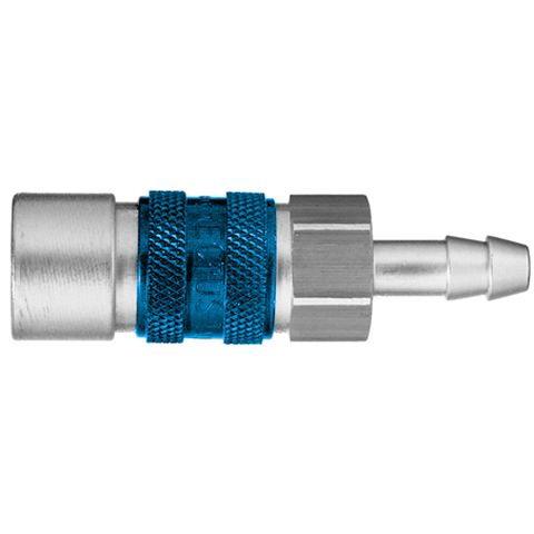 48022500 Coupling - Single Shut-off - Hose Barb Quick coupling single shut-off coded system - Rectukey.  The mechanical coding of the coupling and plug offers a  guarantee for avoiding mix-ups between media when coupling, which is complemented by the color coding of the anodised sleeves. Double shut-off version available on request.